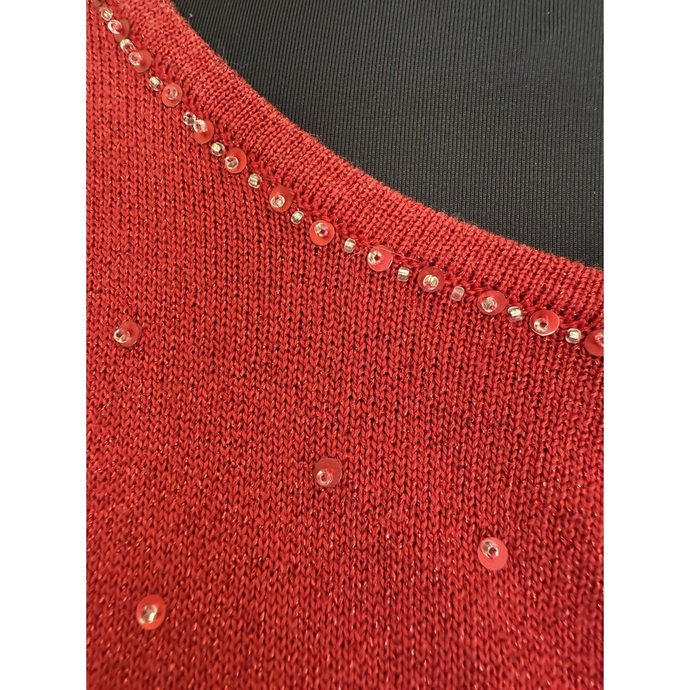Y2K Red Sparkle Beaded Sequins Button Up Sweater Sz L Cardigan Silk Blend - Picture 6 of 10